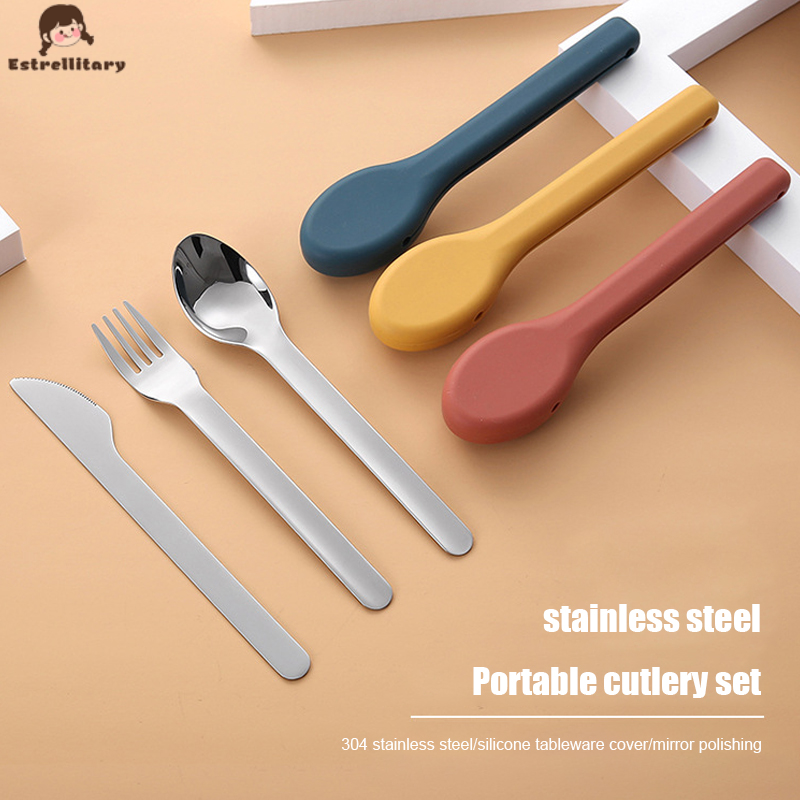 Est Set Sendok Garpu Sumpit Stainless Steel Peralatan Makan Kotak Silikon Peralatan Makan Portabel Lua…