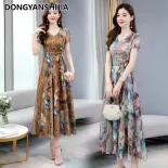 Đầm nữ váy lụa mềm in cổ điển phong cách Pháp