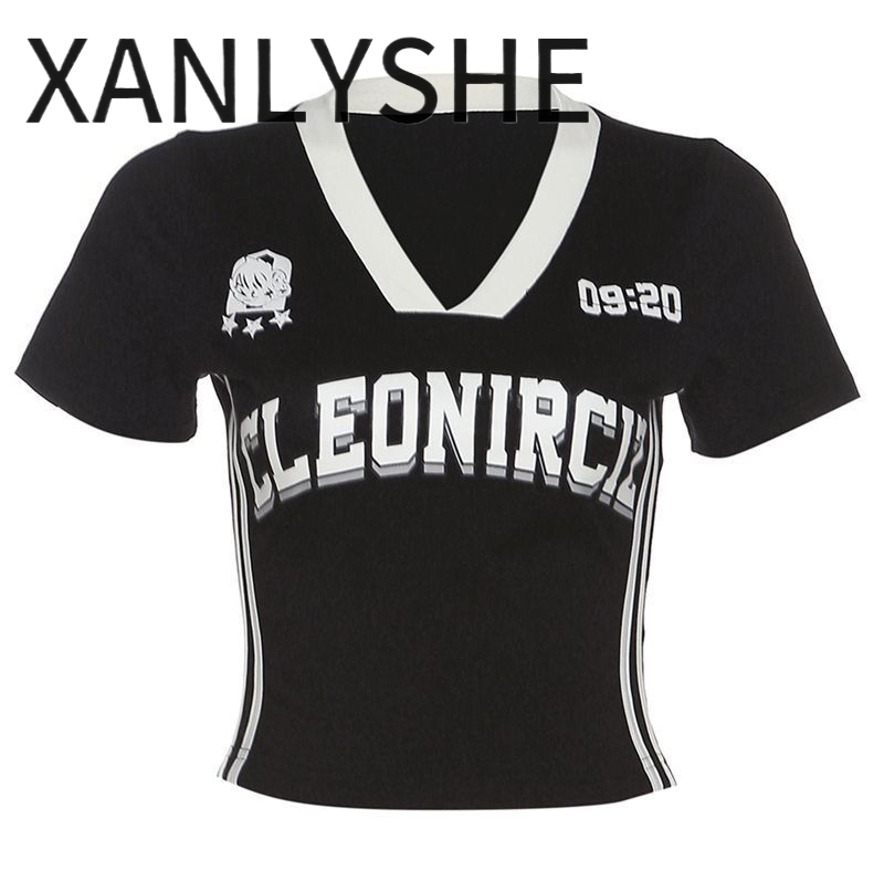 NICK American-style cool street hot girl hit color letter print V-neck short-sleeved T-shirt female slim slim all-match short top ราคา 144 บาท*ส่งฟรี