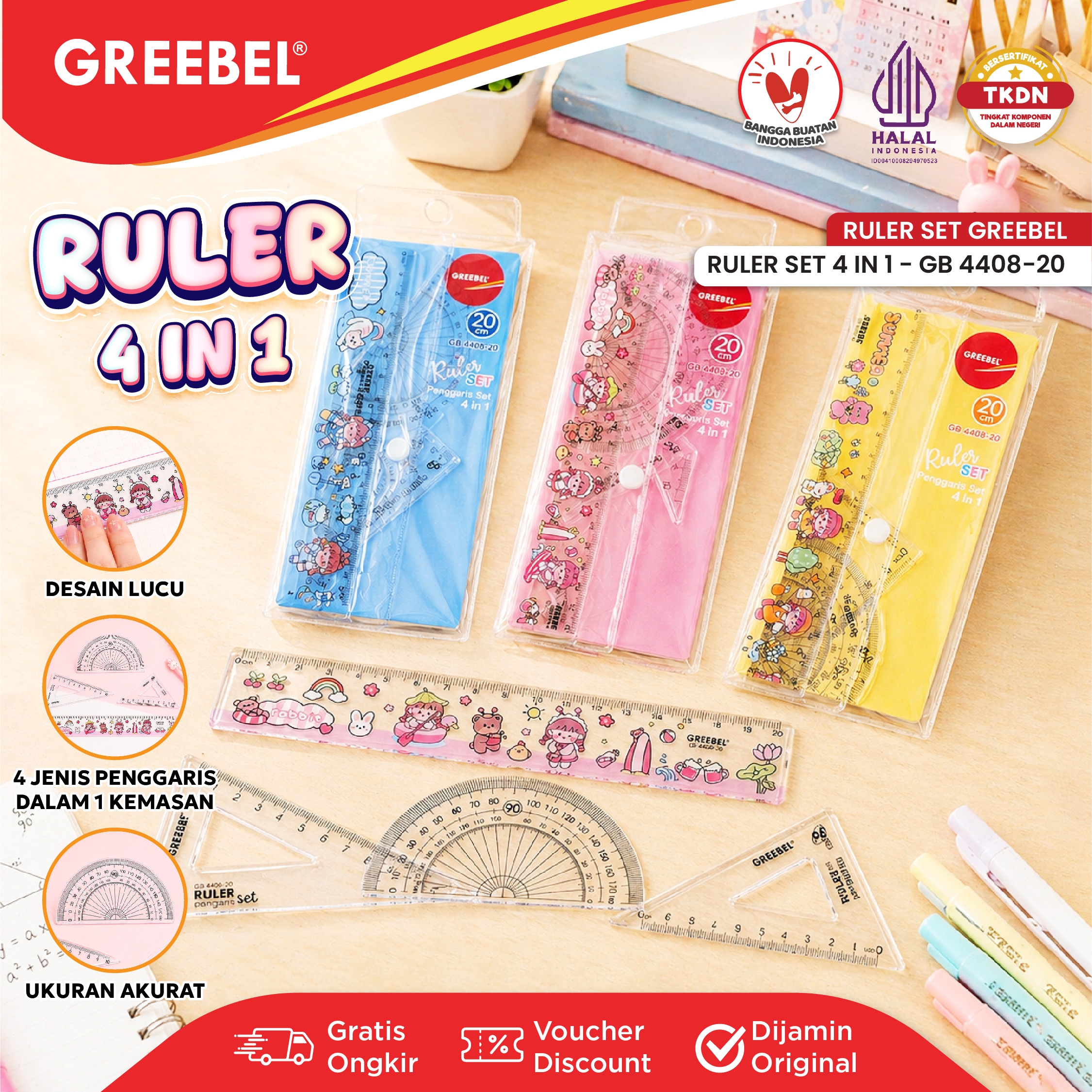 GREEBEL Penggaris Set 4 IN 1 (4408-20) Karakter Lucu | Penggaris Lurus 20CM Segitiga Busur - Ruler Set 4408-20