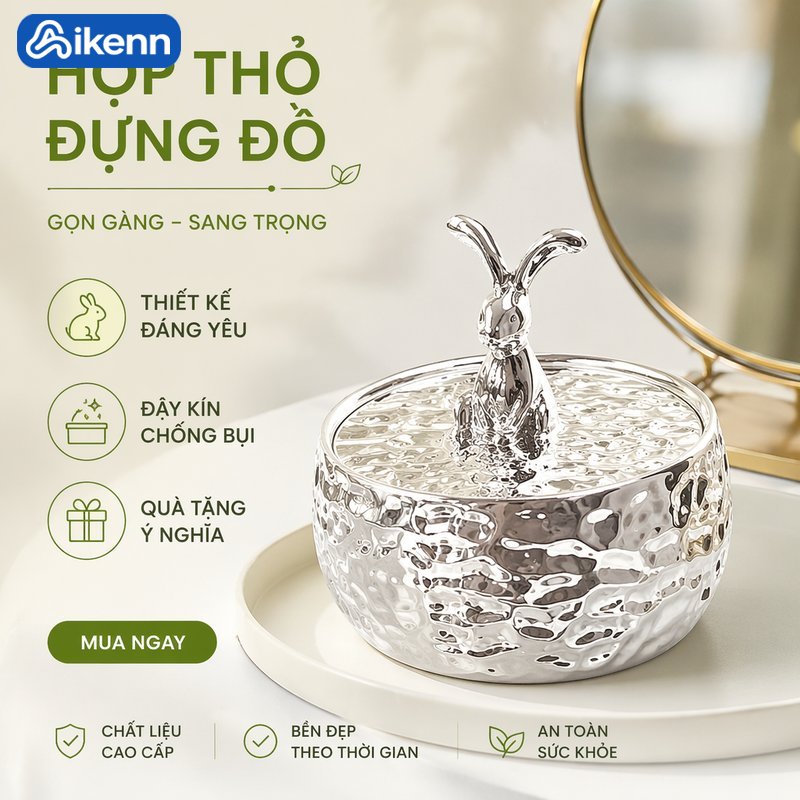 Aikenn Hộp gốm sứ thỏ có nắp hộp đựng trang sức hộp lưu trữ phụ kiện phong cách tối giản trang trí bàn chống bụi