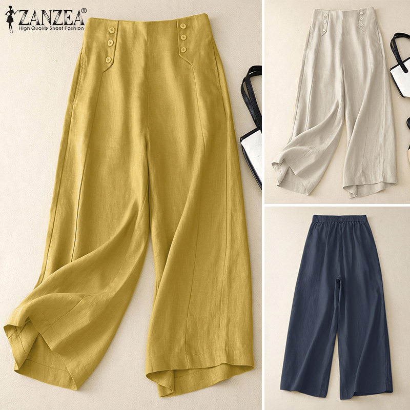 ZANZEA Womens Summer Cotton Casual Loose Trousers Wide Leg Baggy Harlan  Pants Plus Size