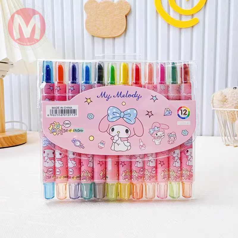 【Melody】12 Colors Rotating Crayon Colorful Kids Drawing Supplies Sanrio Twistable Crayon Student Drawing Colored Pencils #BK0230#