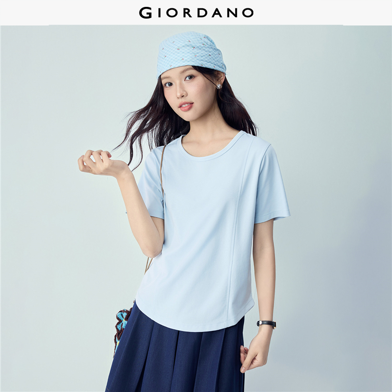 รูปสินค้า GIORDANO Women T-Shirts Seam Detail Curved Hem Tee Crewneck Short Sleeve Fashionable Casual Regular T-Shirts 13326501