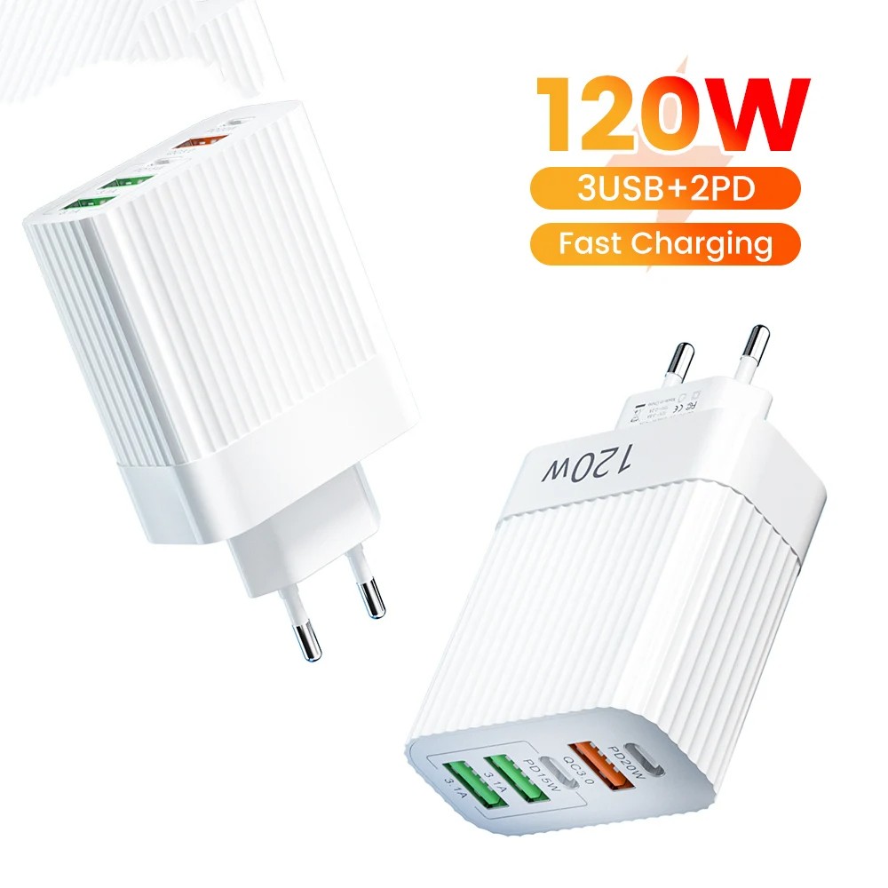5 cổng 120w sạc nhanh sạc usb sạc điện thoại di động usb c sạc pd bộ chuyển đổi điện eu/phích cắm chuẩn mỹ