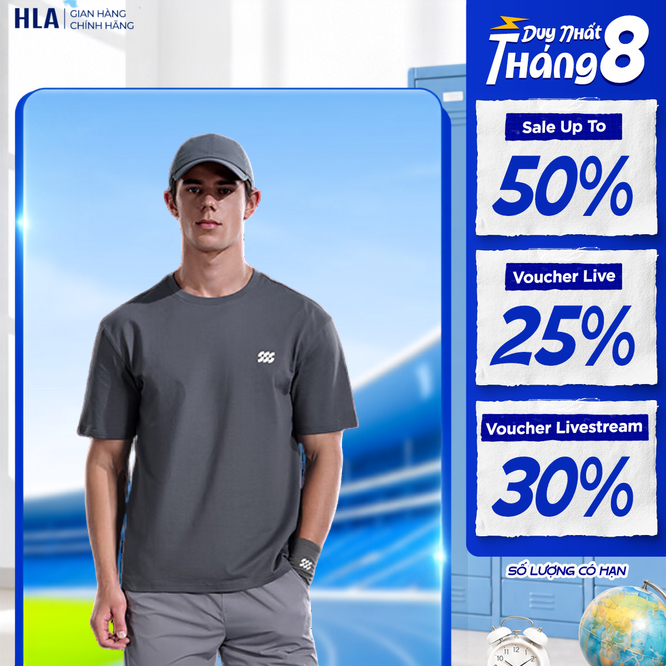 Áo thun nam HLA Sportsday – Vải cotton thoáng mát, hút ẩm nhanh, cổ tròn tối giản, phong cách thể thao trẻ trung xuân hè