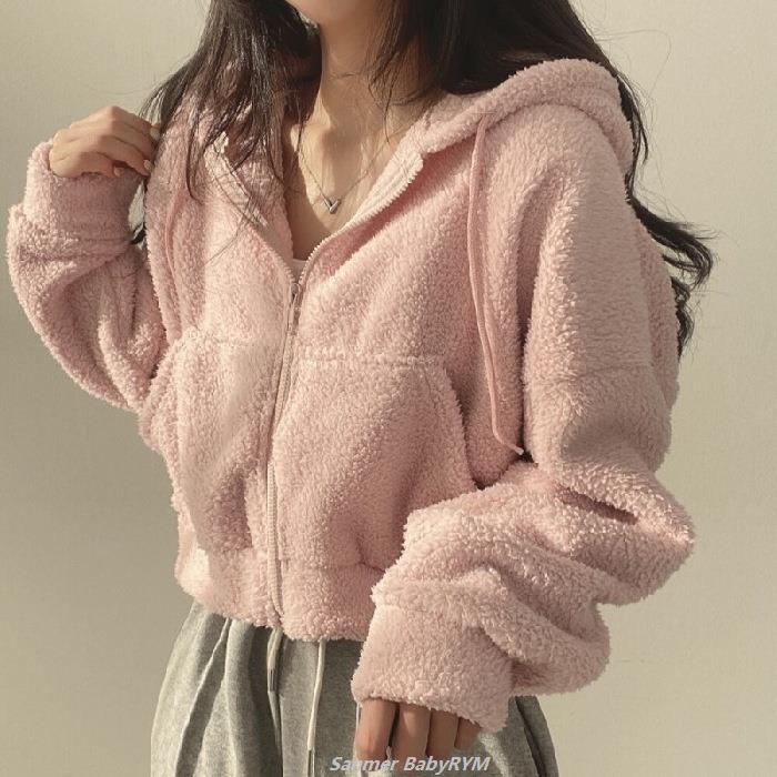 nữ dày oversize áo khoác cardigan dáng rộng áo khoác ngắn d8750 Áo len cừu có mũ trùm đầu nhung