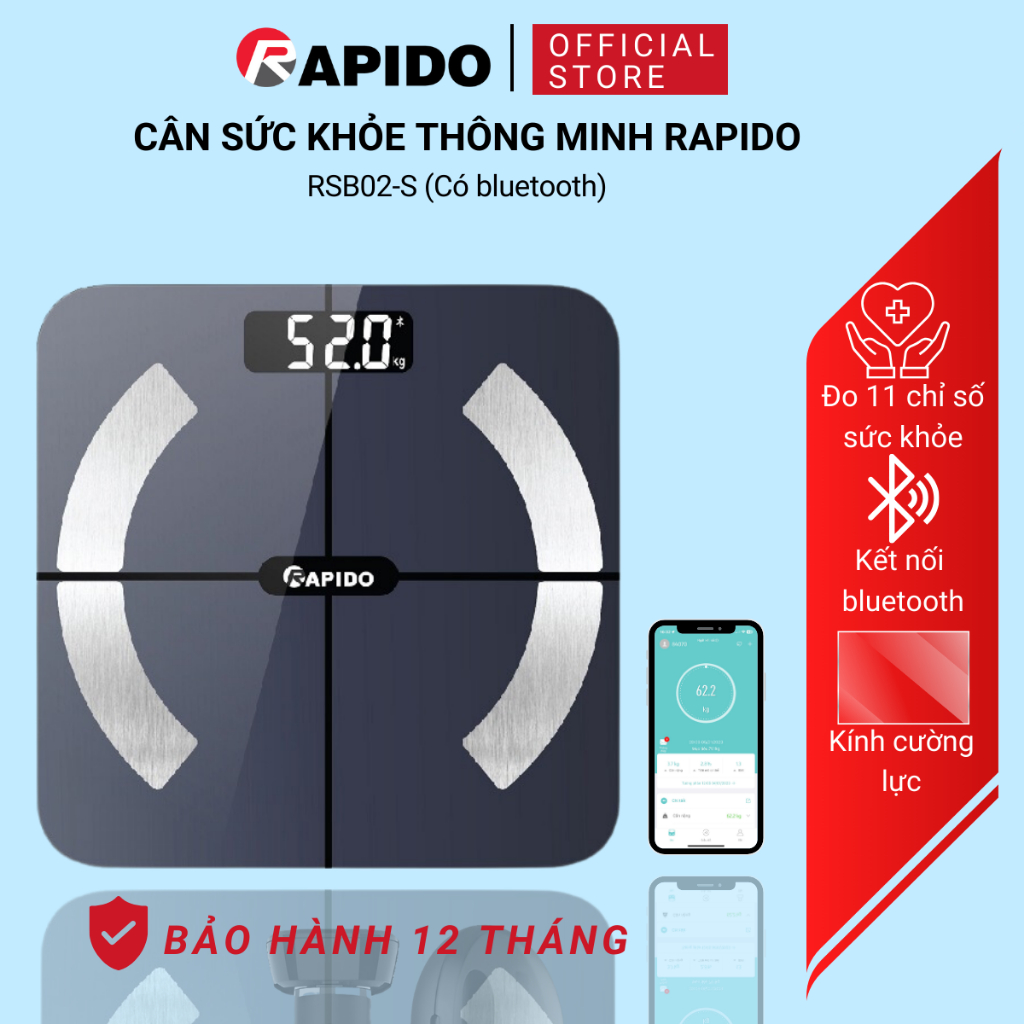 Cân điện tử sức khỏe thông minh Rapido RSB02-S kết nối bluetooth