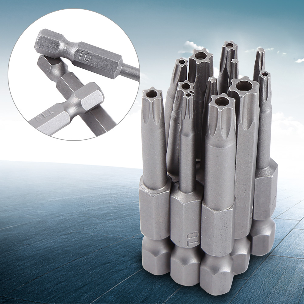 Bộ tuốc nơ vít đầu hình sao 1/4 inch Chuôi lục giác đầu Torx Bộ mũi tuốc nơ vít từ tính bằng thép T5-T40 S2 50mm 12 chiếc