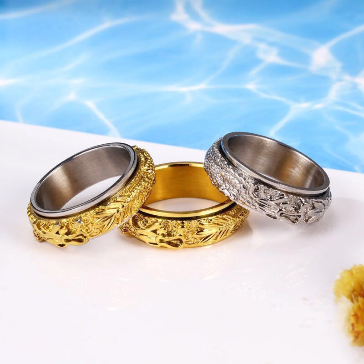 [aishang shop] Trendy Men's Personality Affordable Luxury Zodiac Can Rotate Dragon Ring Titanium Steel No Fading Three-Color Optional Ring Factory Direct Sales Wholesale