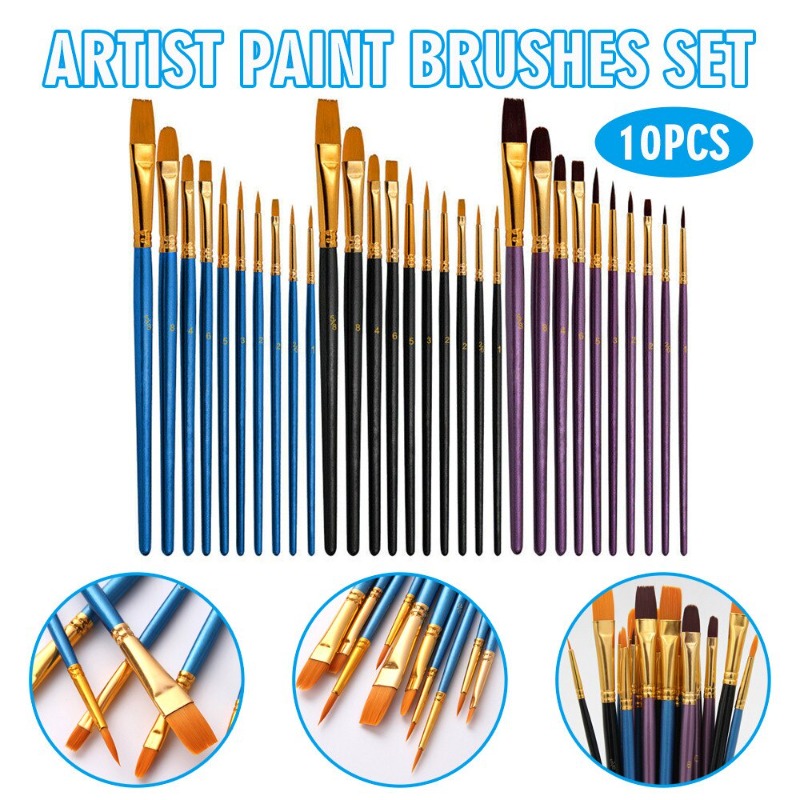 10Pcs Set Artists Paint Brush Acrylic Watercolor Round Pointed Nylon Tip