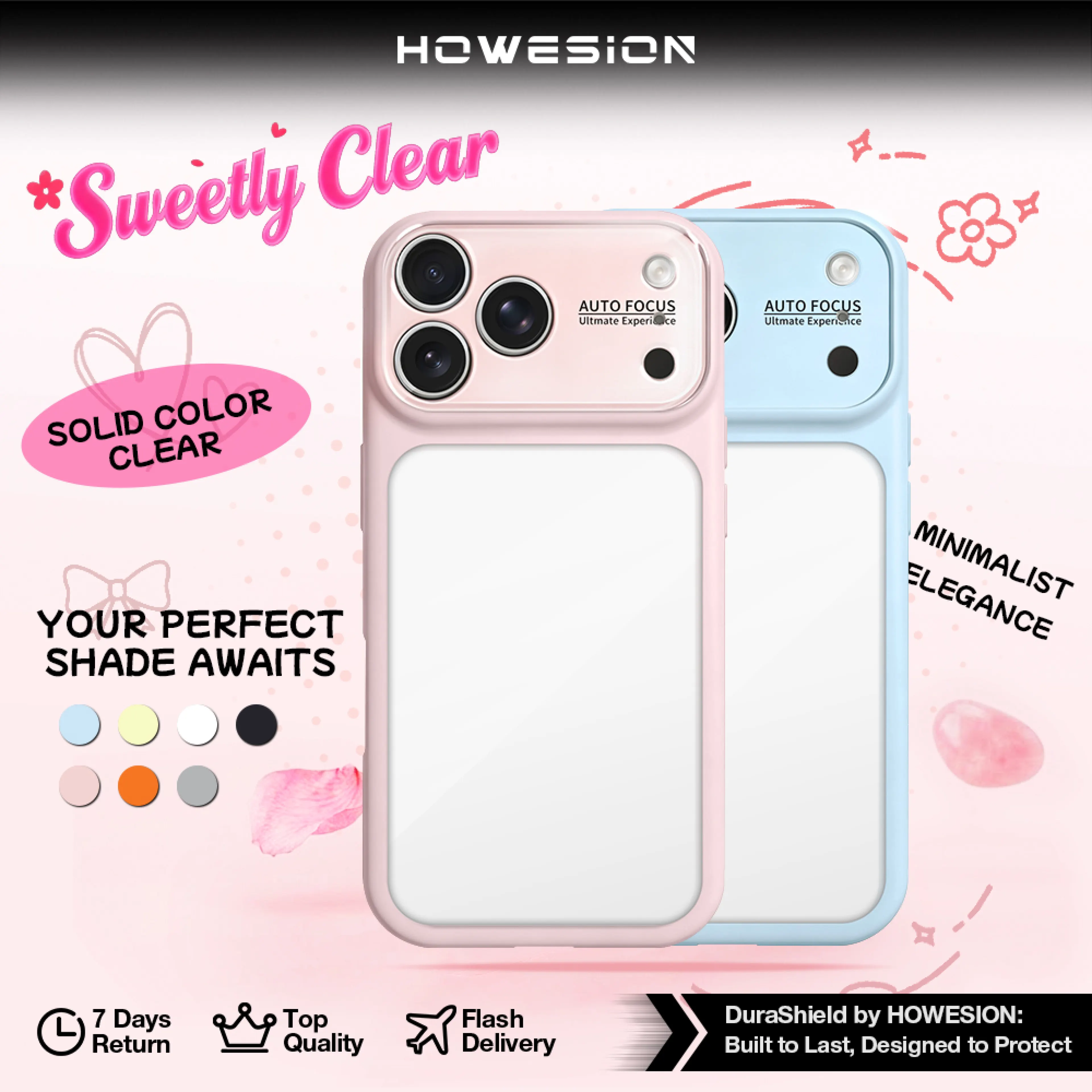 HOWESION Sweetly Clear Back Case Solid Color For iPhone 17 16 15 14 13 Pro Max Integrated lens protection Shockproof Protective Cover