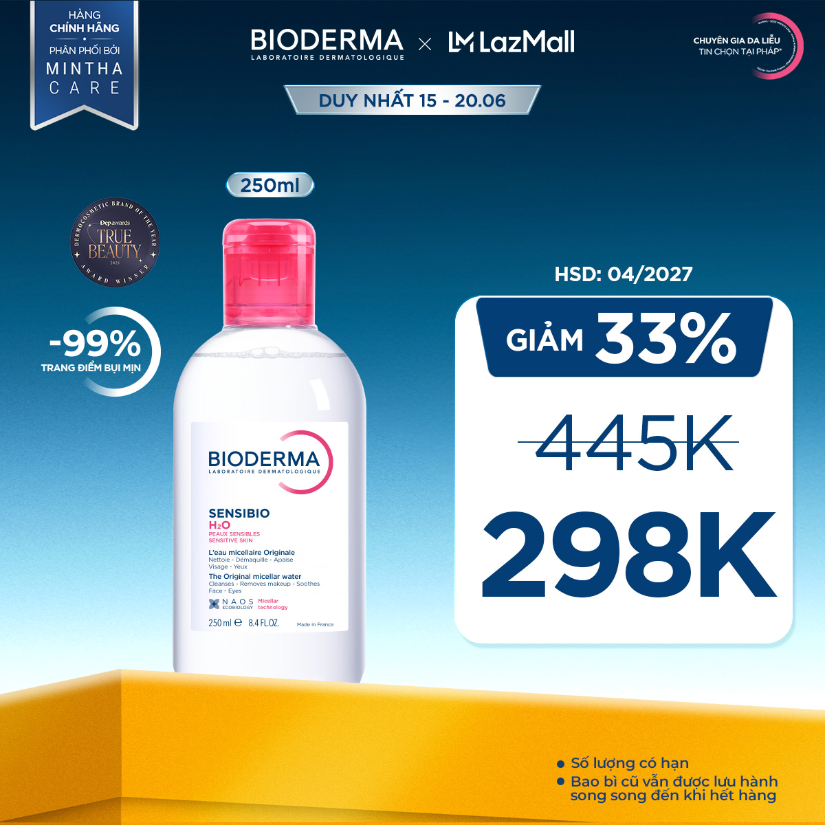Dung dịch làm sạch và tẩy trang micellar cho da thường và da nhạy cảm Bioderma Sensibio H2O - 250ml