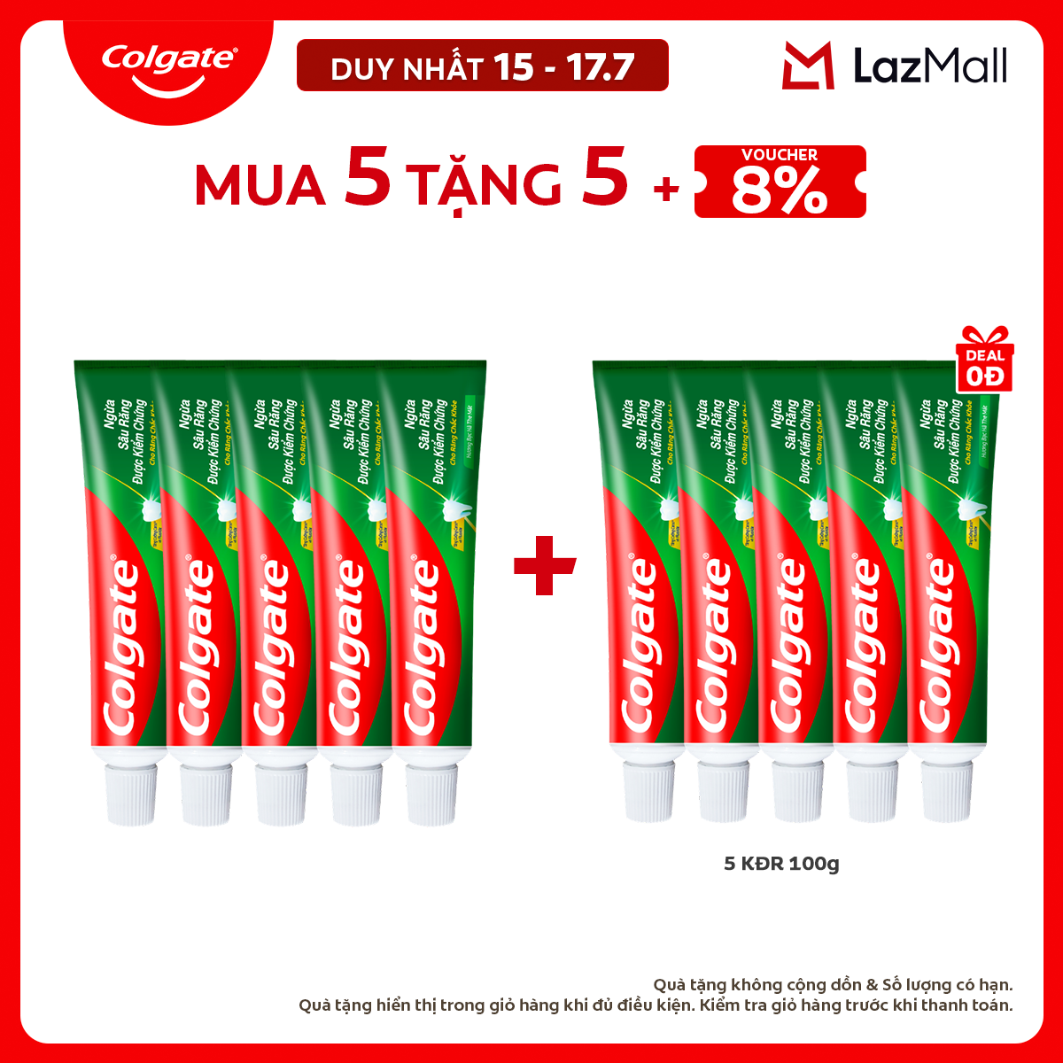 [Chỉ 15-17.7_Mua 5 tặng 5] Bộ 5 Kem đánh răng Colgate ngừa sâu răng răng chắc khỏe 100g/tuýp