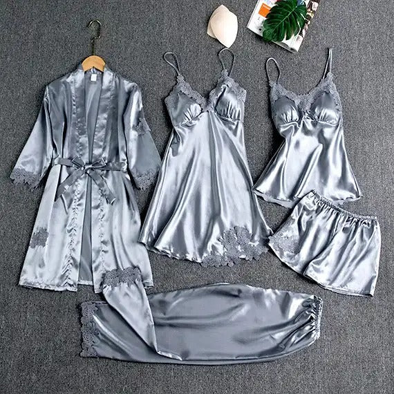 Women Hot Laced Nighty 5PC Set | Short Silk Lingerie Sleepwear for Women & Girls | Padded, Stretchable, Premium Night Dress