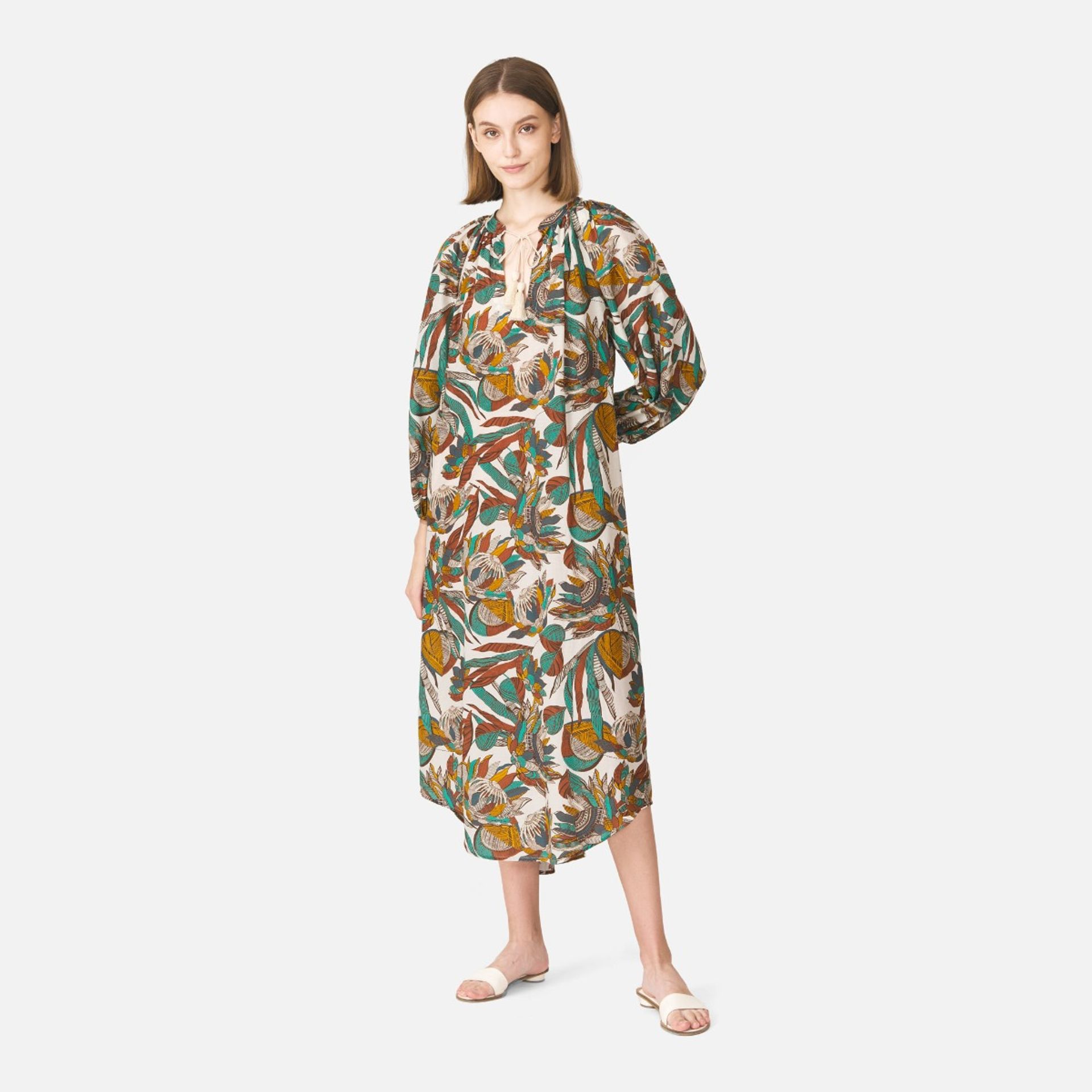 Bamboo Flowers Cotton Neck Cover Up Maxi Dress - Beige ราคา 1,950 บาท*ส่งฟรี