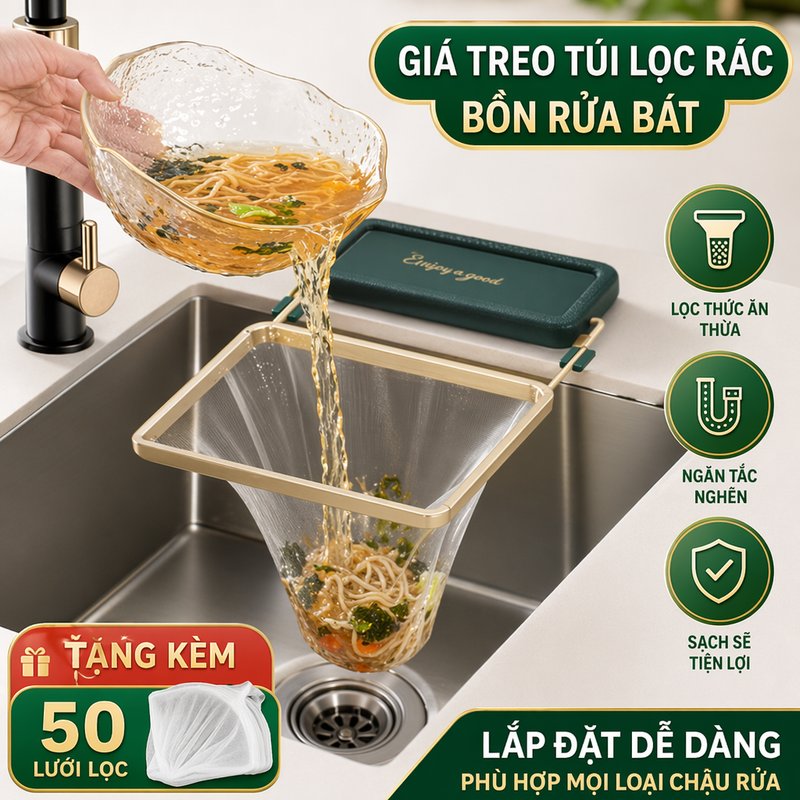 giá treo lọc rác bồn rửa chén lưới lọc thức ăn chống nghẹt thoát nước nhà bếp kèm 50 túi lọc tiện dụng