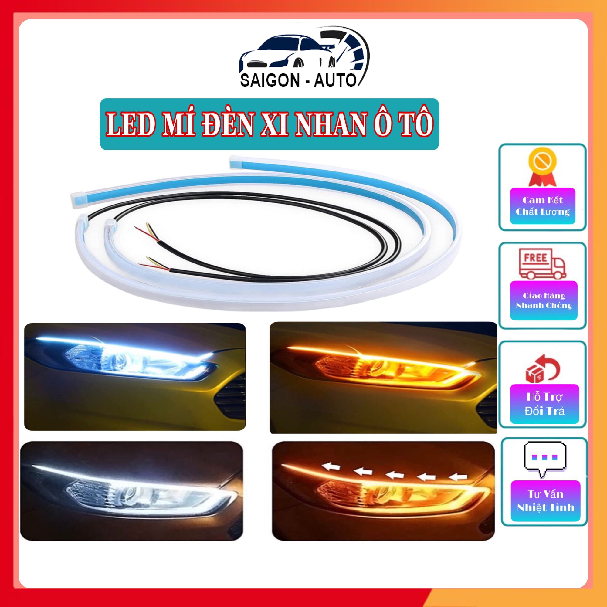 Bộ 2 dây đèn led mí ô tô dán đèn xi nhan nháy đuổi 60Cm Silicon chống nước - Dây led tích hợp xi nhan silicon uốn cong chạy đuổi