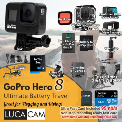 Gopro Hero 8 Ultimate Battery Travel Bundle (Comes with Viper Dual Battery Charger, Waterproof Case, Telesin 3 in 1 Stick, Battery and charger inclusive.
