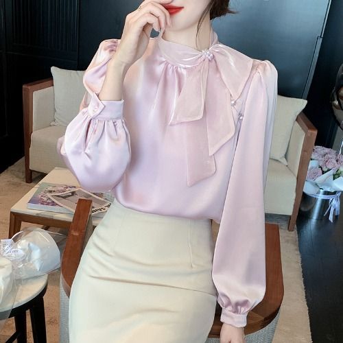 LUNAáo girl phố nữ áo crotop nữ kiểu   Phong cách Pháp Bowknot Strainer Áo sơ mi Nữ tính cao cấp Glo