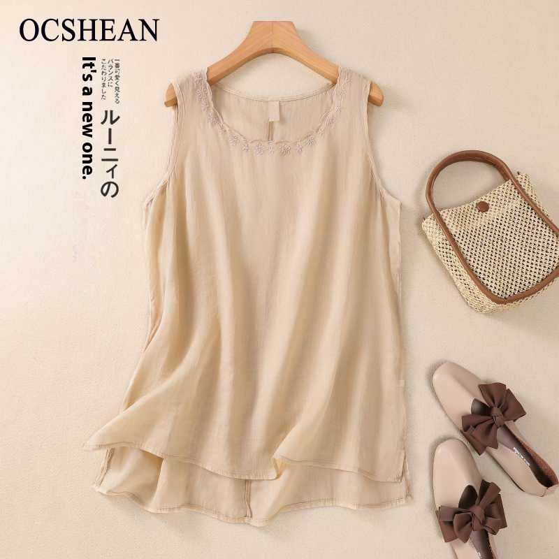 OCSHEAN เสื้อกล้ามผู้หญิงเสื้อตัวในแขนกุดผ้าฝ้ายผสมผ้าลินินสไตล์อาร์ตสำหรับฤดูร้อนสายเดี่ยวคอกลมปักลายแมทช์ลุคง่าย ราคา 131 บาท*ส่งฟรี
