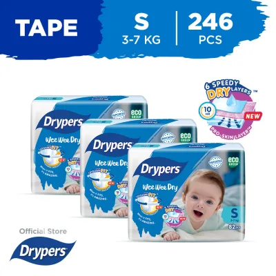 Drypers Wee Wee Dry S 82S X 3 Packs (3 - 7Kg) 246Pcs/Box