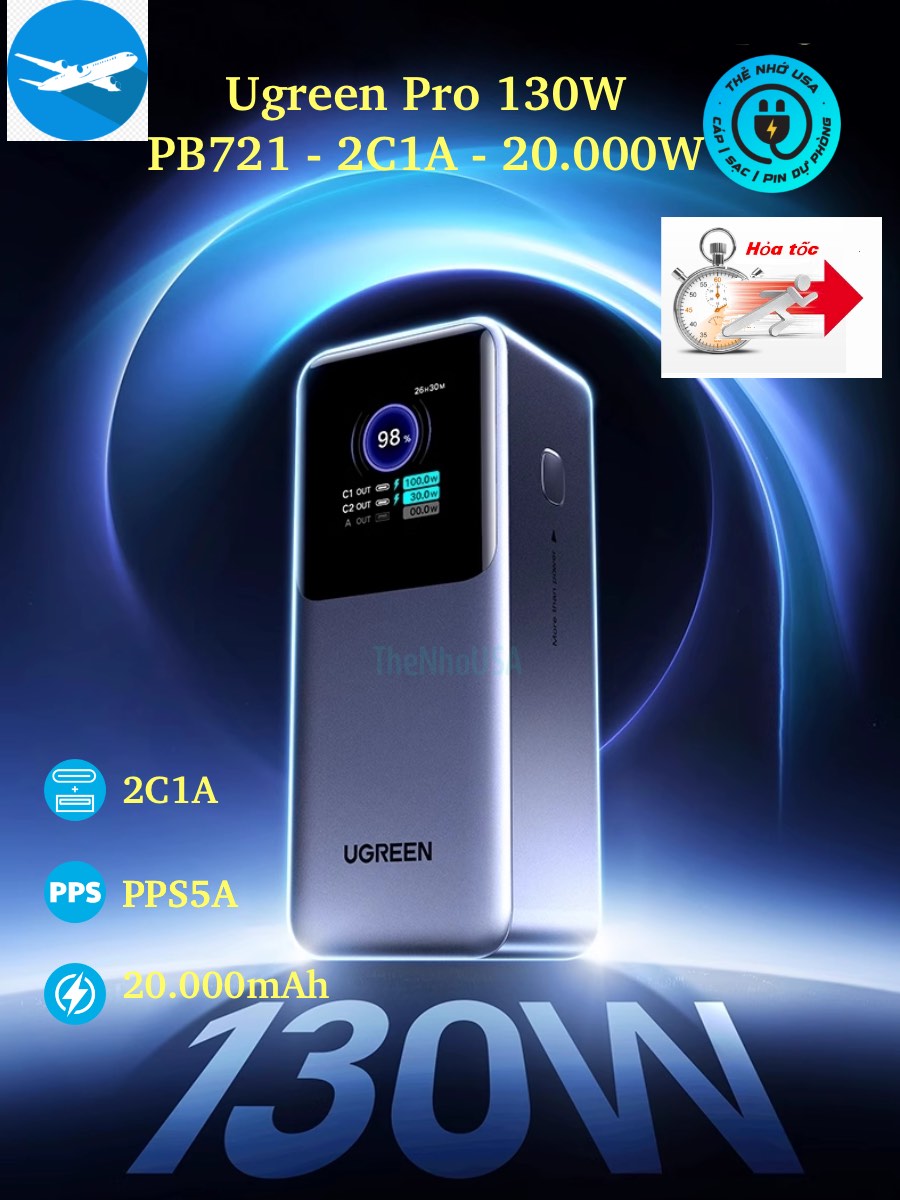 Pin sạc dự phòng 130W Ugreen PB721 20000mAh 2C1A PD 100W PPS 5A QC cell 21700 Model 2024