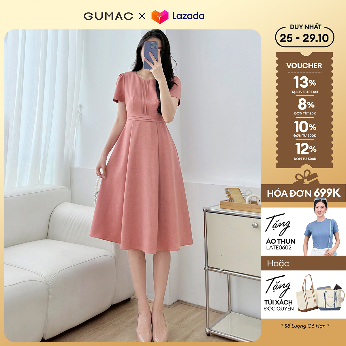 Đầm nữ dáng A xòe kiểu xếp ly eo màu hồng có túi thanh lịch mềm mịn thoáng mát thời trang GUMAC LDF0603