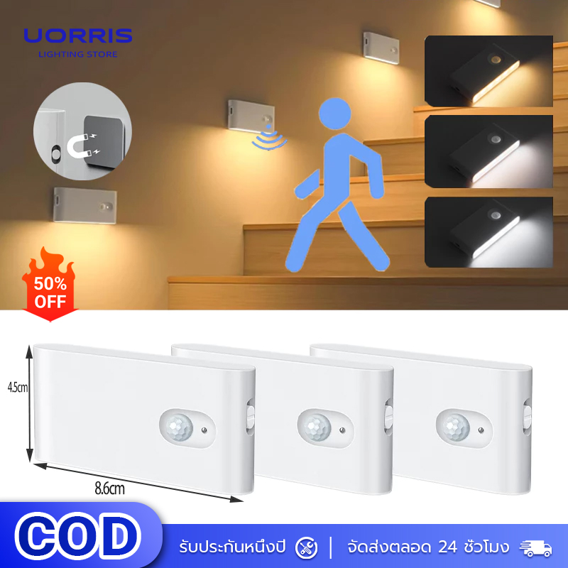 Uorris Motion Sensor Night Light, Adjustable Color Temperature in 3 Levels, Rechargeable Indoor Stair Light. Touch Lamps for the Hall Human Body Sensor Lights, Stair Lights ราคา 594 บาท*ส่งฟรี