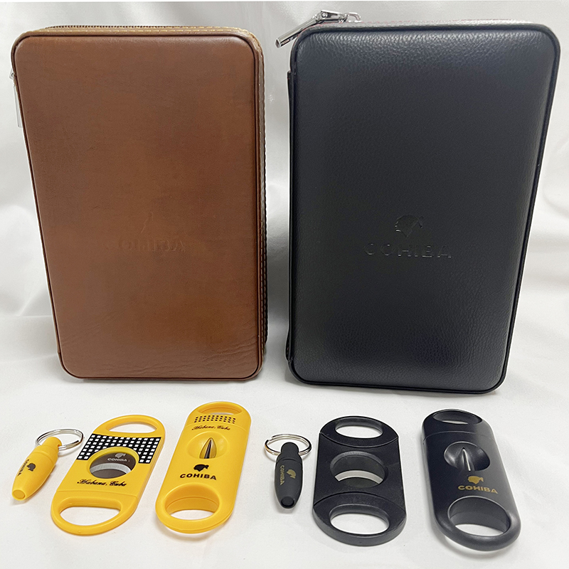 Cohiba Cigaar Box 4pcs Humidor Leather Case Cover Cigr Holder with Cutter Three-piece Set Tongs