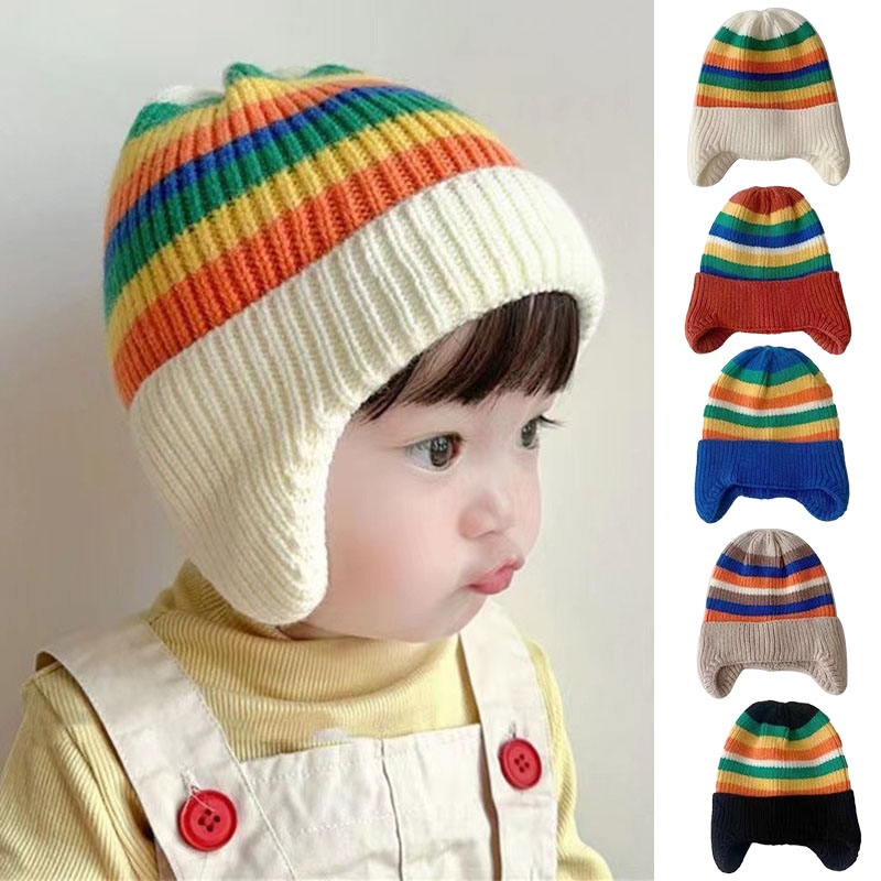 【YD】 Mũ len mùa đông cho bé Mũ len sọc Hàn Quốc cho bé trai Mũ tai ấm áp Bonnet 12.20