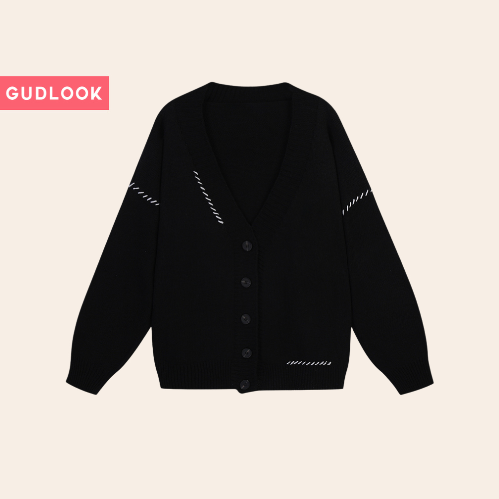Áo Khoác Cardigan phối viền hoạ tiết tay áo  màu trắng đen thu đông Hàn Quốc