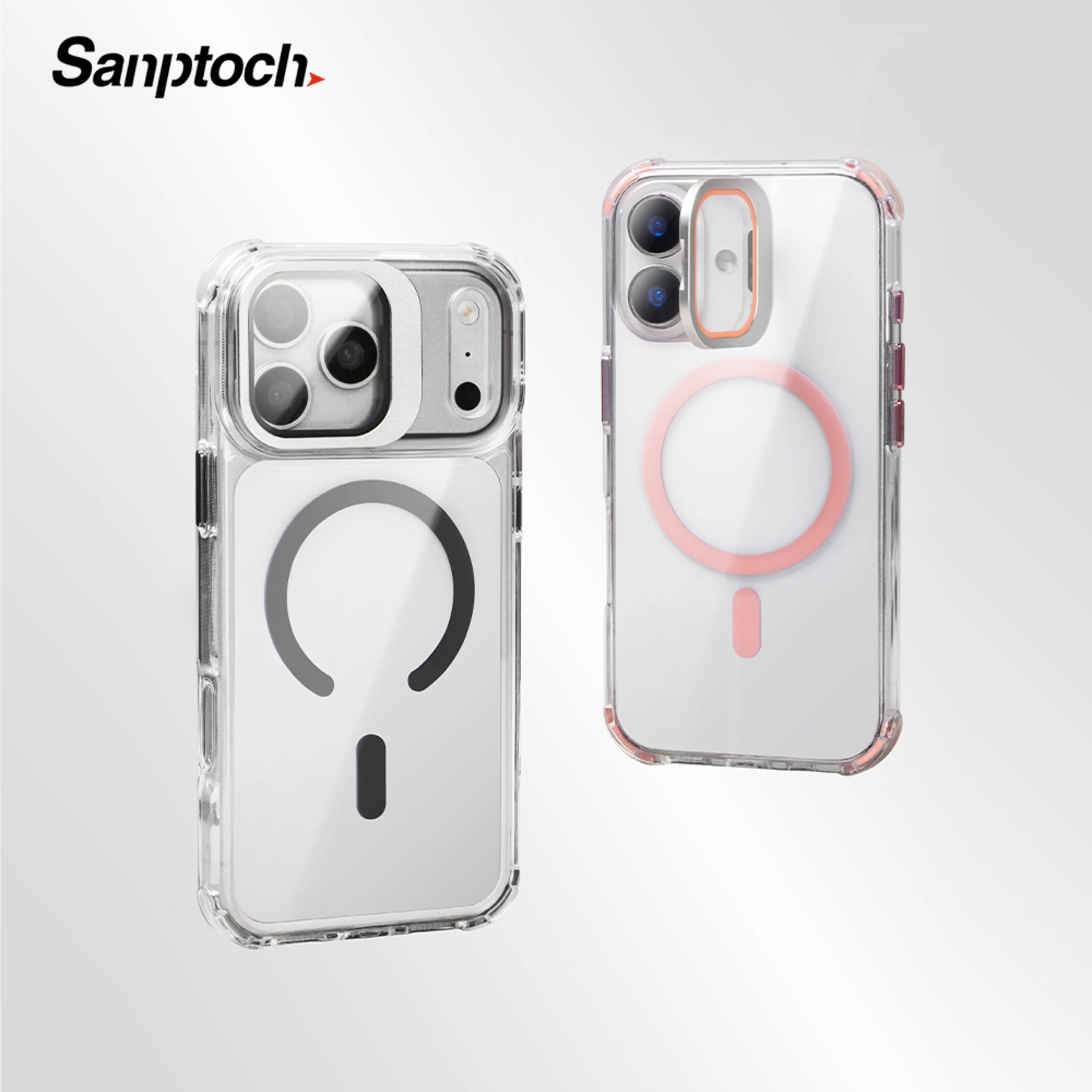 Sanptoch For Magsafe Lens Stand Phone Case For iPhone 17 16 15 14 13 Pro Max Clear Shockproof Back Cover For iPhone 16 15 14 Plus Holder Casing with Glass Lens Protection