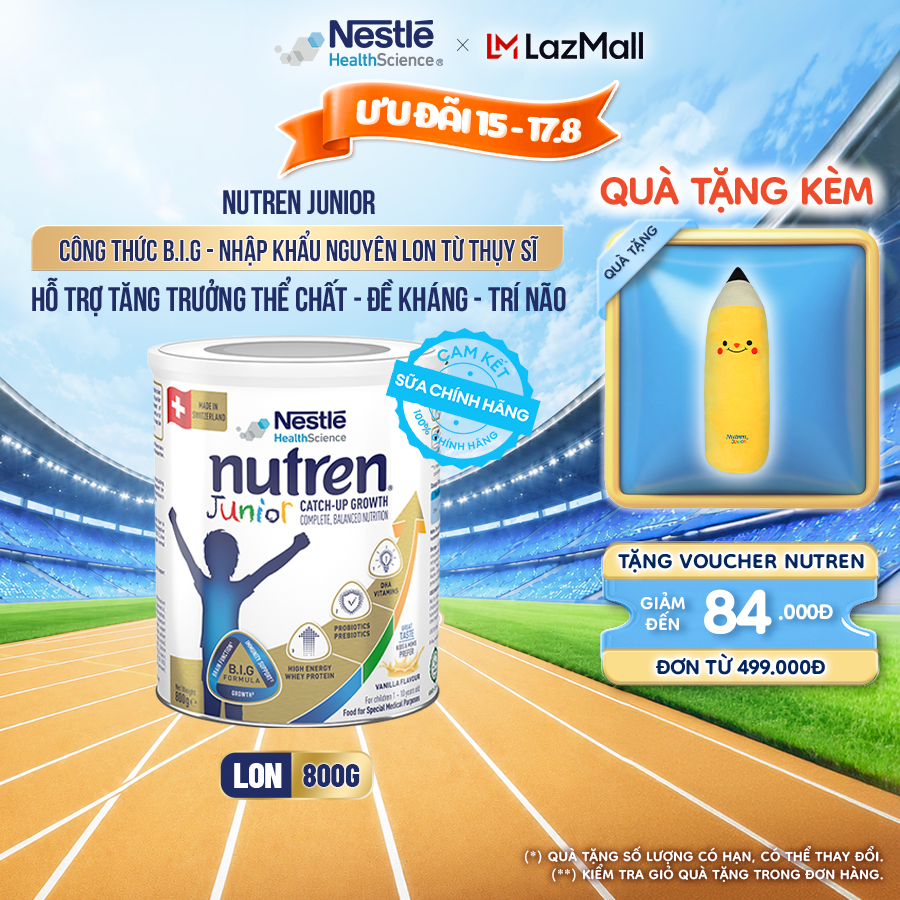 Sữa Bột Dinh Dưỡng Y Học NESTLÉ NUTREN JUNIOR Xuất Xứ Thụy Sĩ Công Thức BIG Hỗ Trợ Tăng Trưởng Thể ChấtTrí NãoĐề Kháng Cho Bé 800G