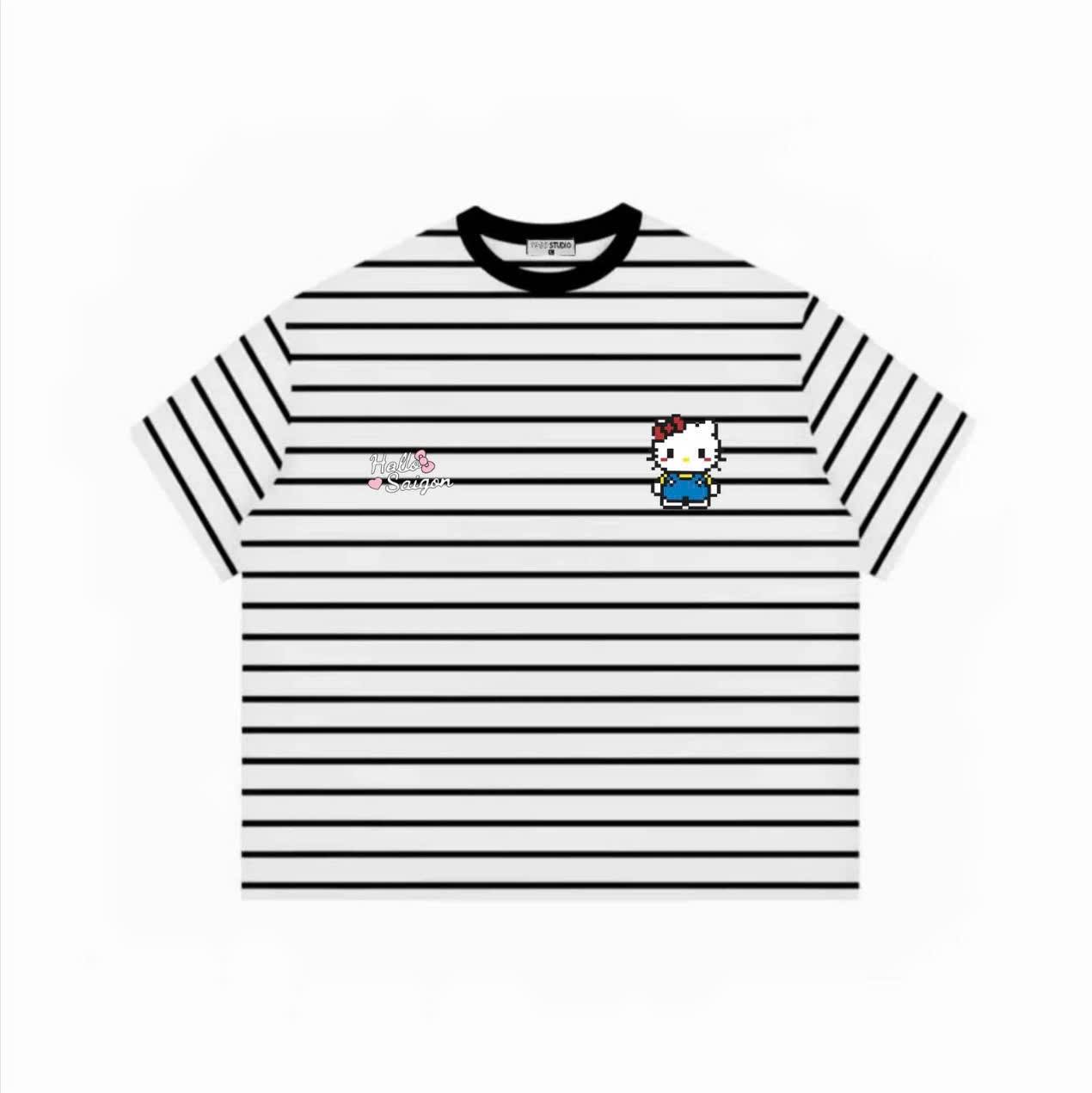 Hello Kitty Horizontal Striped T-Shirt with Short Sleeves, Suitable for 4 Seasons