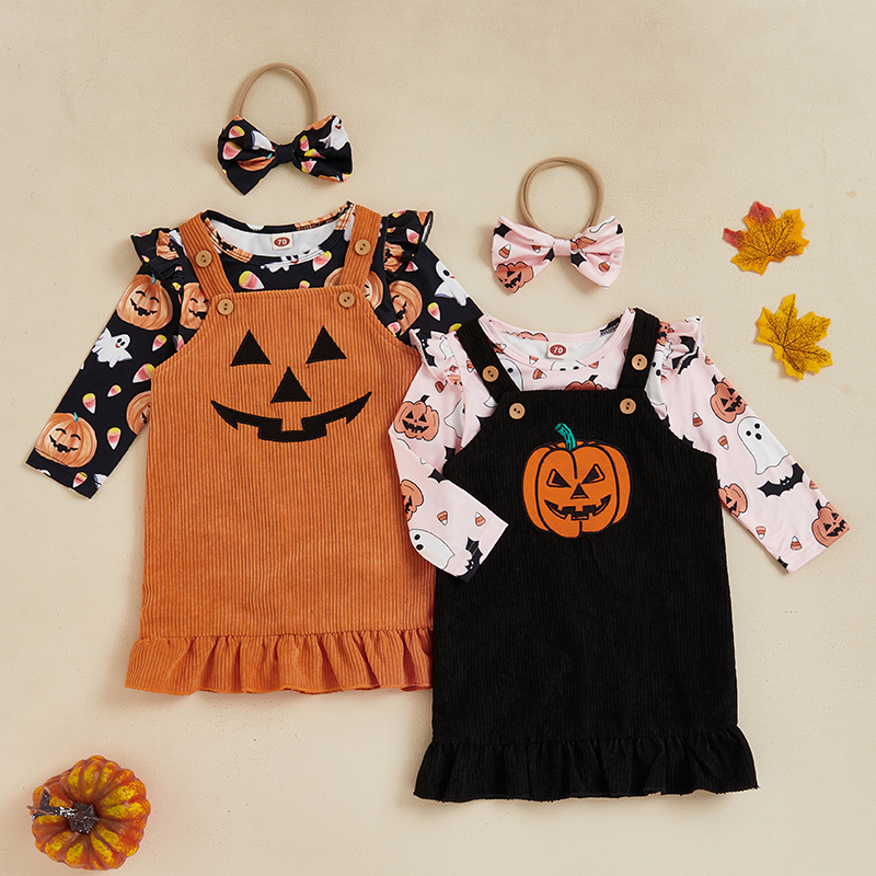 【Forever CY Baby】Baby Girls Halloween Skirt Sets Flying Sleeve Romper Pumpkin Print Suspender Dress Headband Sets