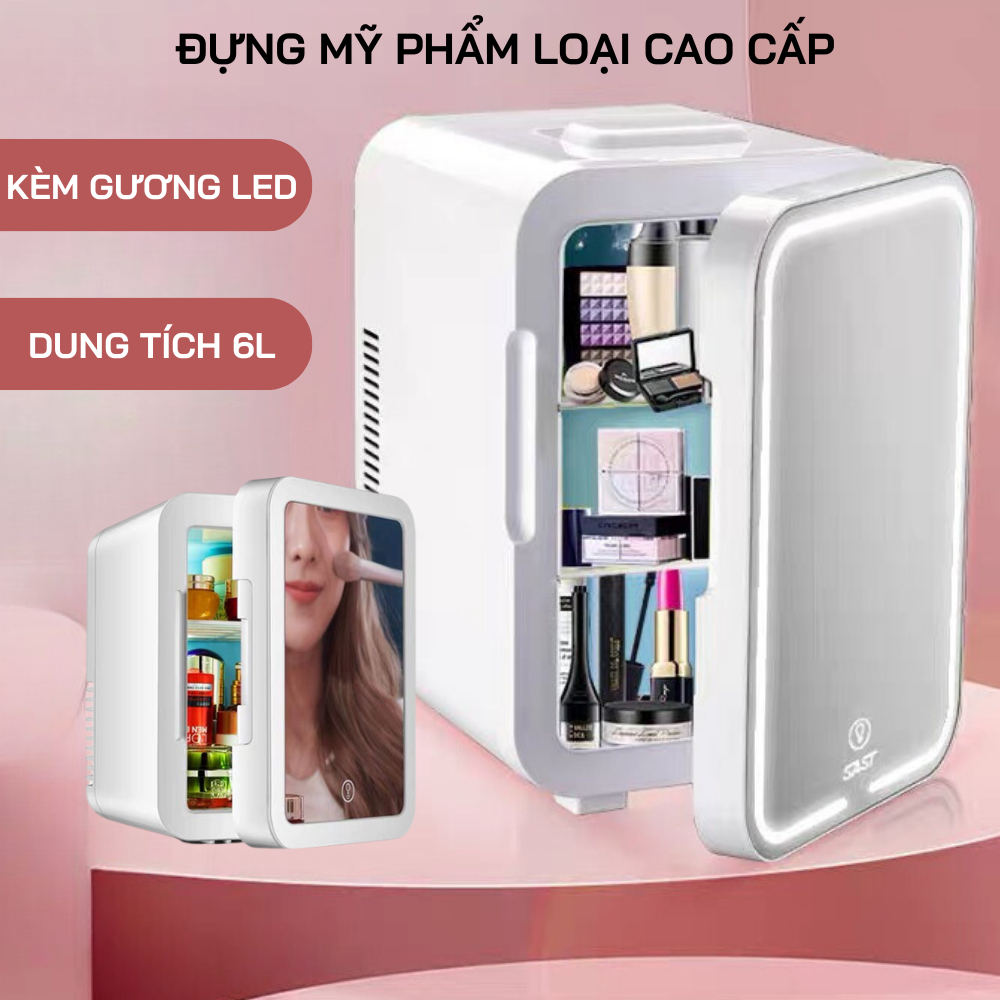 (Kèm gương và đèn led) Tủ lạnh đựng mỹ phẩm dung tích 6L, tủ lạnh mini tiết kiệm điện và không gian 