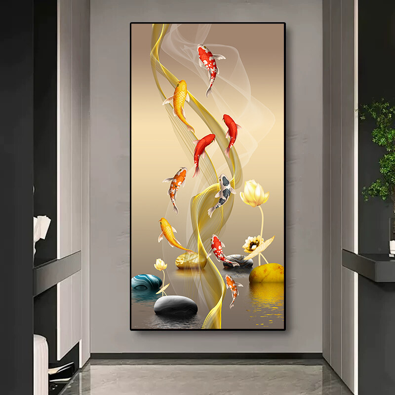 Koi Fish Canvas Painting Chinese Style Wall Art with Frame - Feng Shui Home Decor for Living Room Poster Picture Print 0421