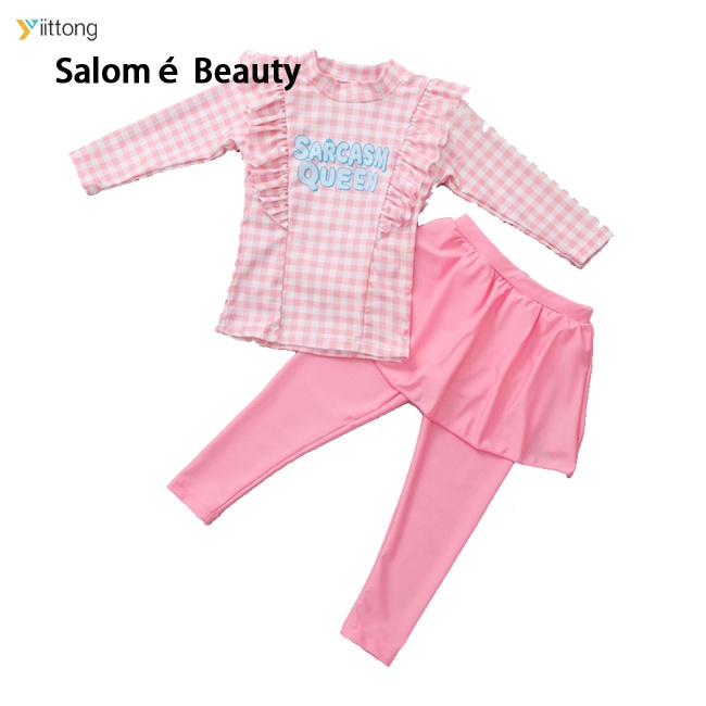 2-piece swimsuit, long sleeves, sun protection+solid color pants, printed floral pattern, suitable for girls ราคา 149 บาท*ส่งฟรี