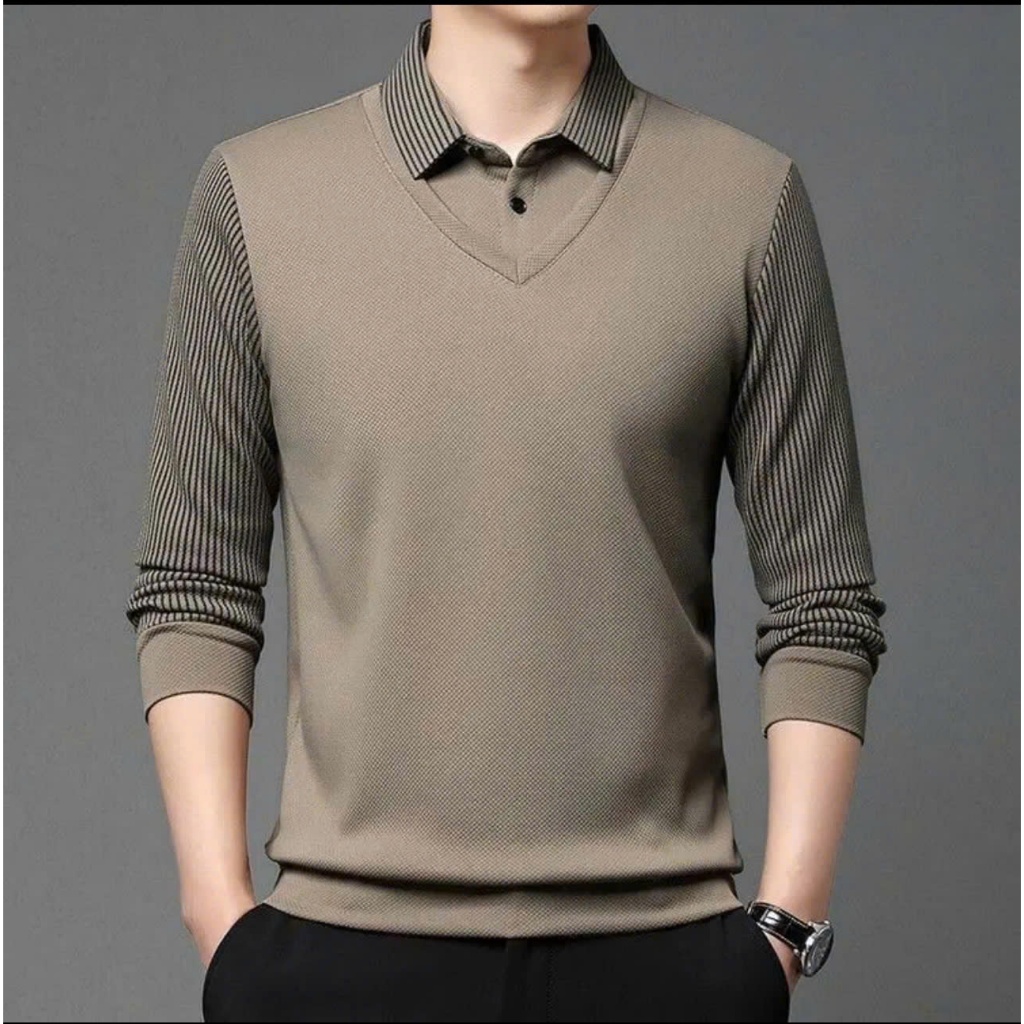 Áo thun dài tay cho bố Áo Thun Nam Xuân Thu Áo polo thường ngày Trung Niên Áo cổ bẻ.
