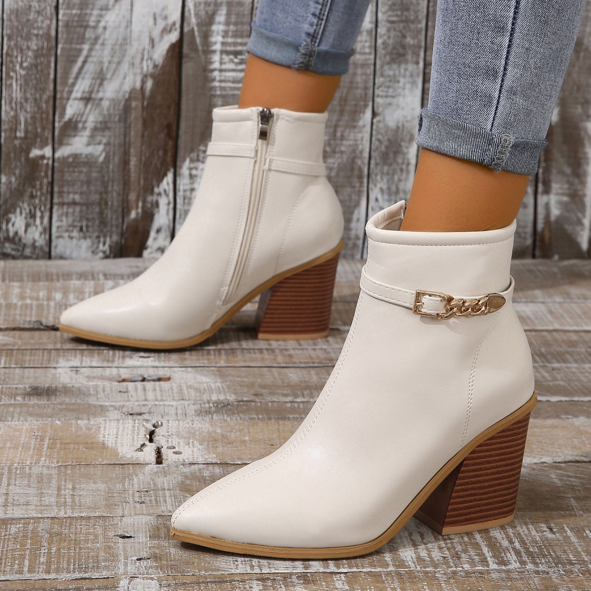 {Advanced shoes city} Cross-Border European and plus Size Pointed Chunky Heel Martin Boots Women 2023 High Heel Side Zipper Short Fashion Boots Sexy