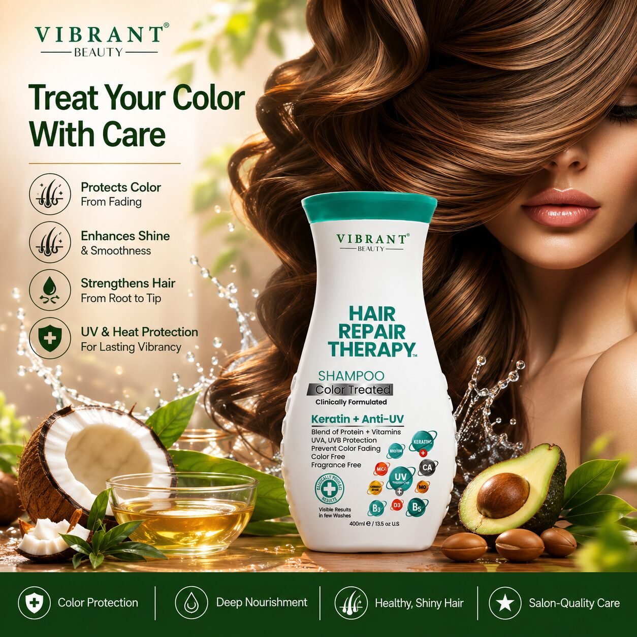 Vibrant Beauty Hair Repair Therapy Shampoo Color Treated (Keratin + Anti-UV) | Hair Cleansing Care | 400ml