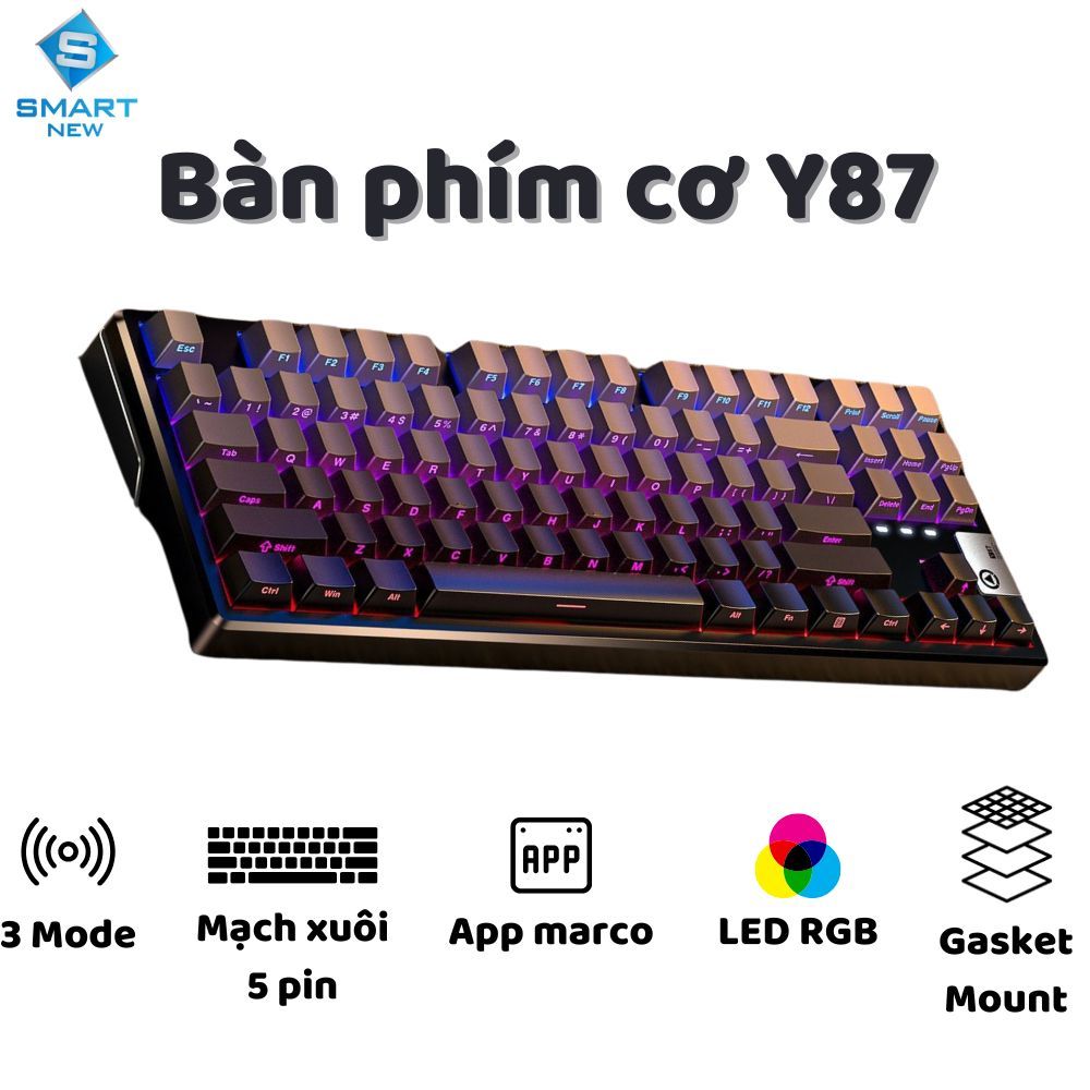 ( Tặng swtich ) Bàn phím cơ không dây Y87 - 3 mode - Mạch xuôi 5 pin - App Marco - LED RGB - Full Foam