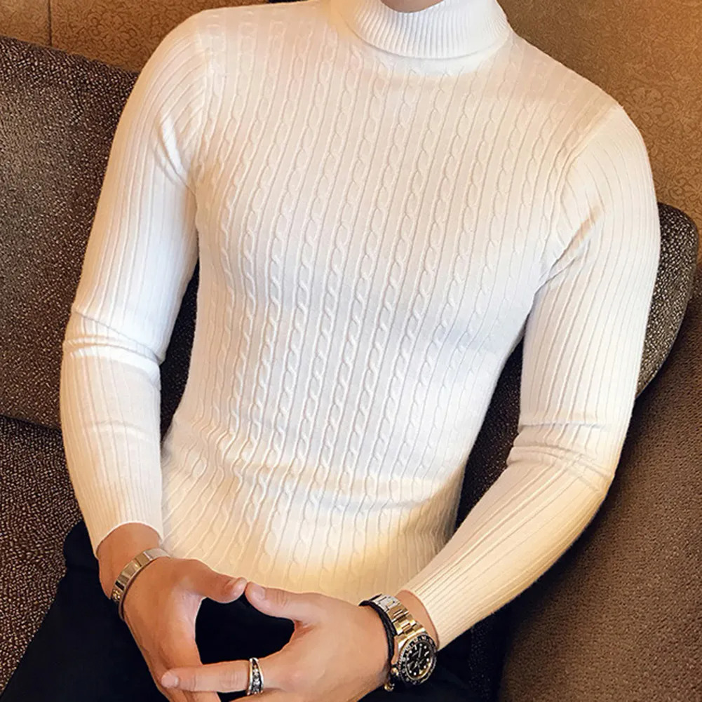 Casual Men Winter Solid Color Turtle Neck Long Sleeve Twist Knitted Slim Sweater Men's Knitted Sweaters Pullover Men999_voghion.com