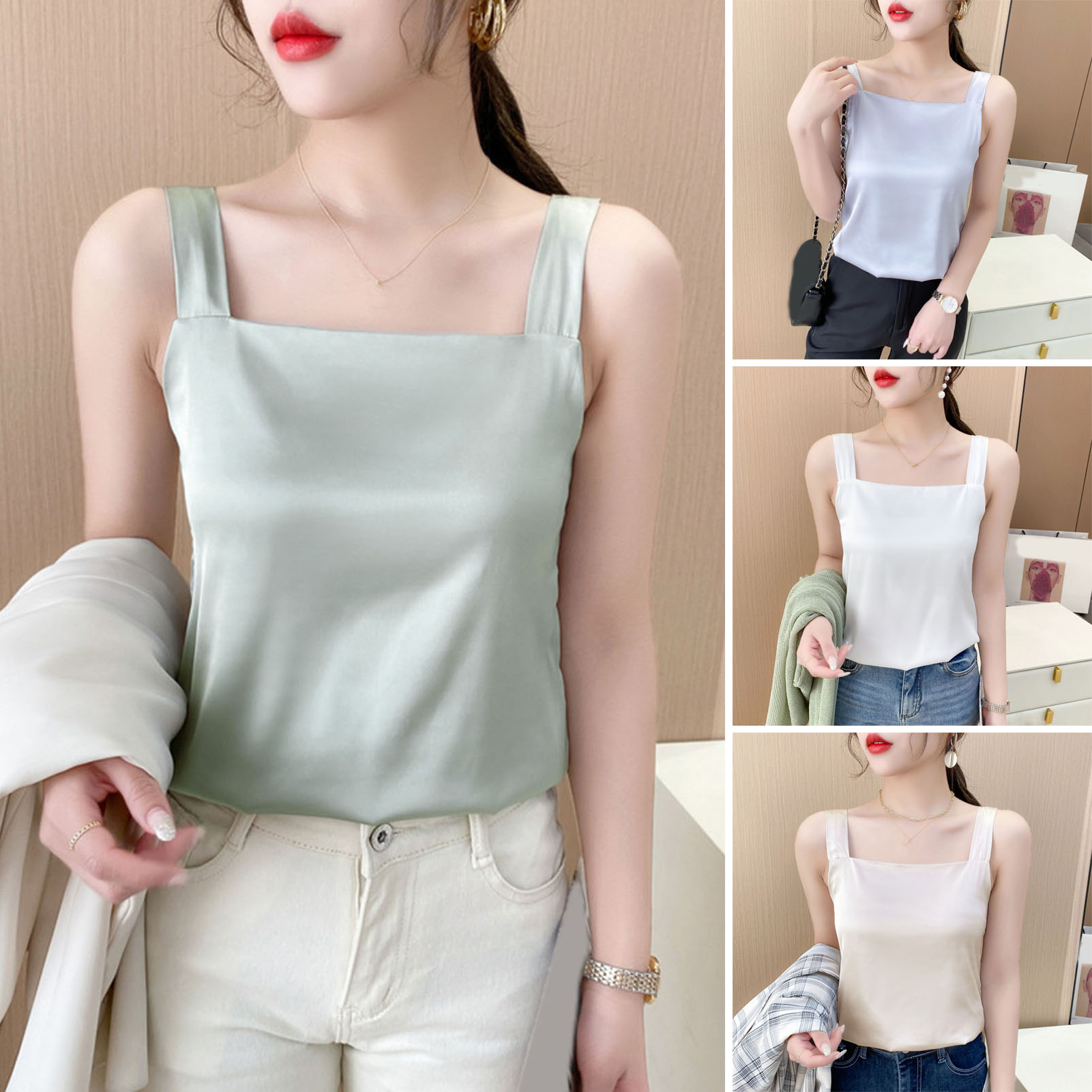 Jiann nữ thoáng khí Áo Ba Lỗ Màu Trơn phụ nữ áo ba lỗ vuông cổ không tay áo ba lỗ cho phụ nữ thoáng 