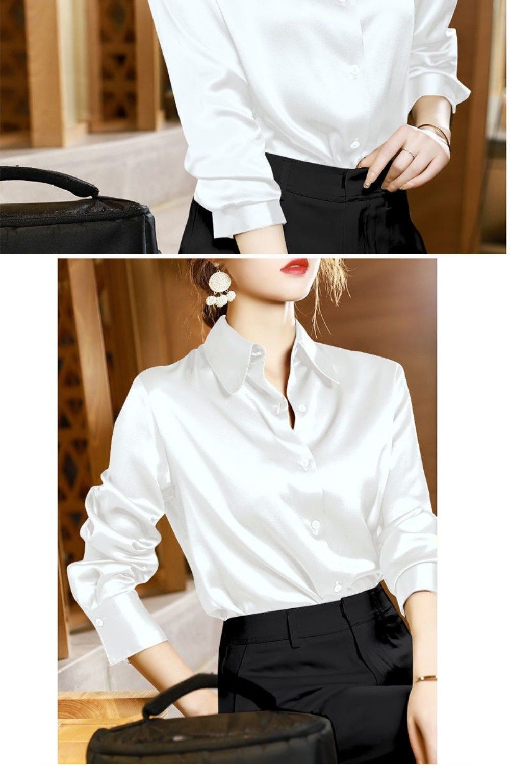 Her Store Women Korean Style Satin Blouse Women Long Sleeve Loose