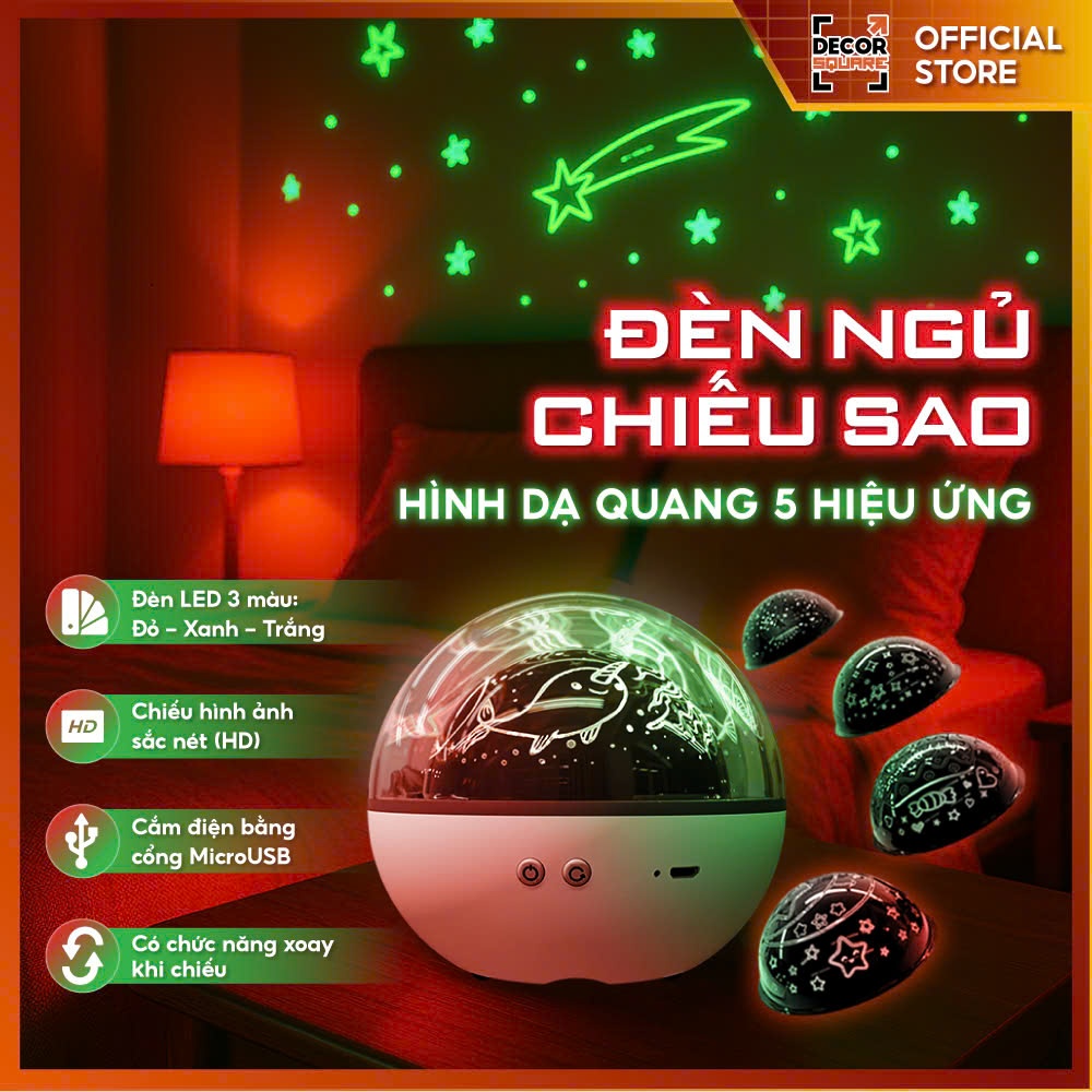 Đèn Ngủ Chiếu Sao 3D Tự Xoay 5 Chế Độ Sáng Cực Đẹp Tặng Kèm 5 Phim Chiếu Đổi Hình