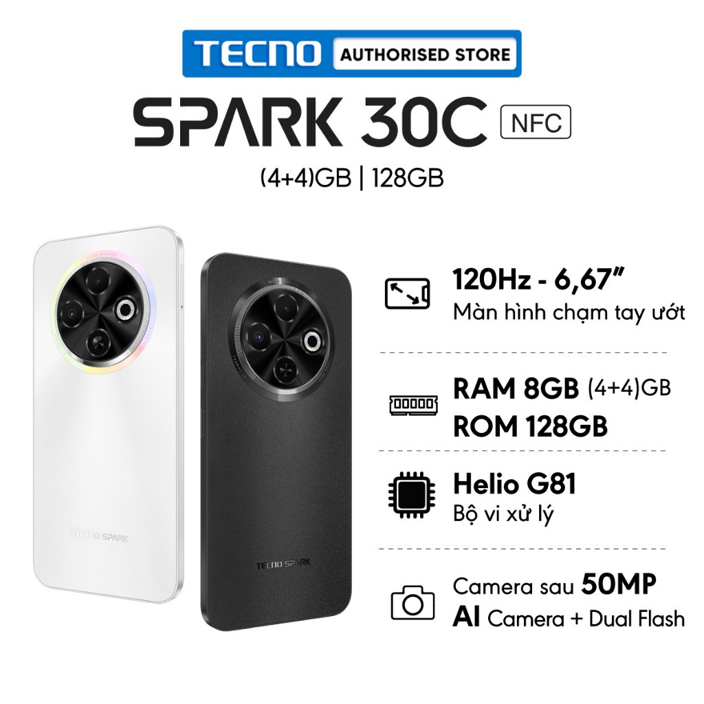 Điện thoại Tecno Spark 30C (4+4)GB/128GB - Helio G81 | 5000 mAh | Sạc nhanh 18W