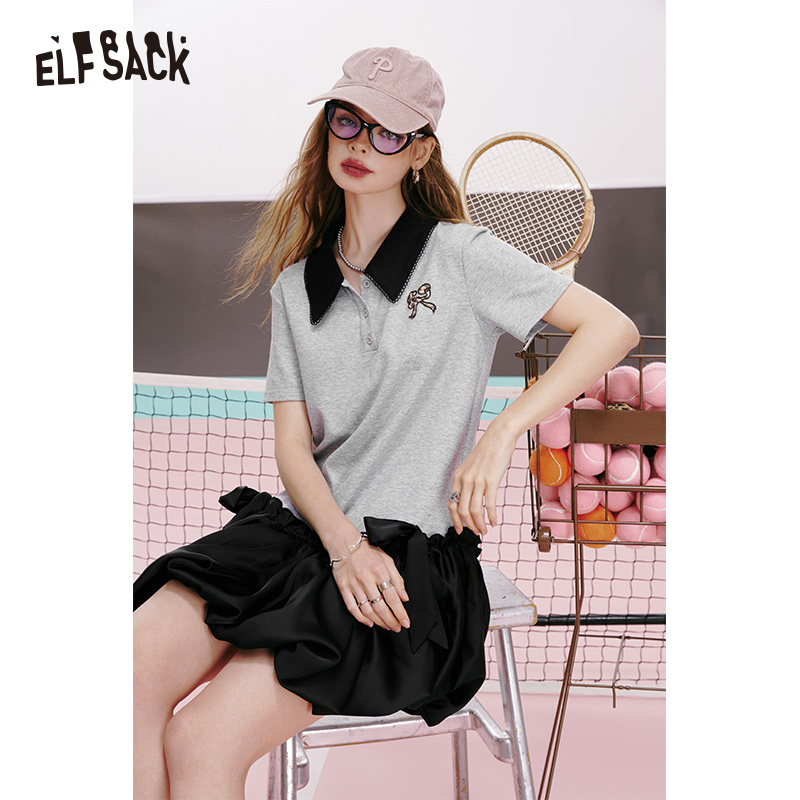 ELFSACK summer new arrival College style suit collar satin stitching slim niche age-reducing dress for women ราคา 2,098 บาท*ส่งฟรี