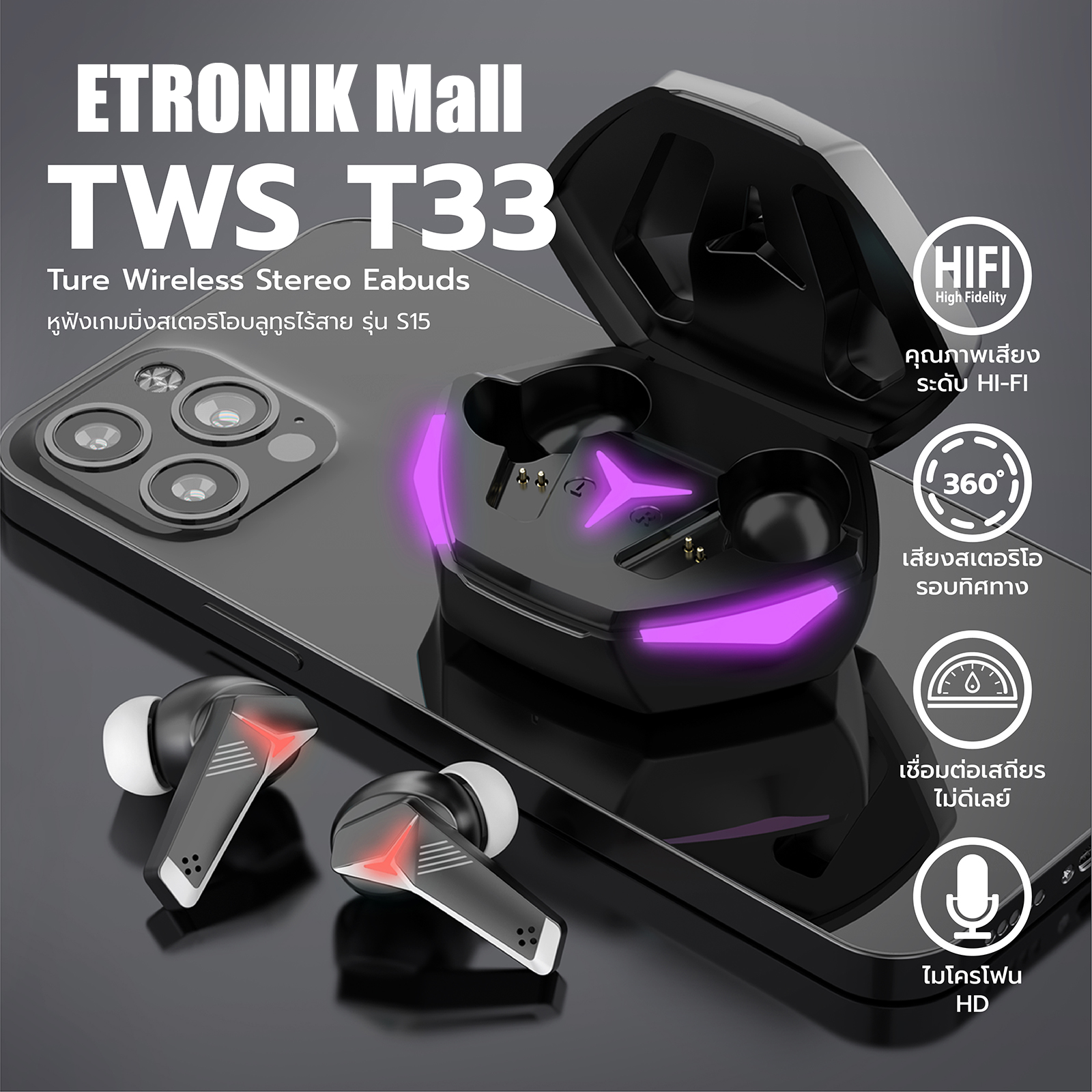 หูฟังบลูทูธ TWS T33 หูฟังไร้สาย หูฟังออกกำลังกาย ตัดเสียงรบกวนอัจฉริยะ หูฟังลูทูธ5.2 แสงไฟ LED พร้อมระบบสัมผัส รองรับ ios/android ราคา 25 บาท*ส่งฟรี